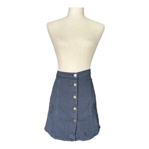 Aquaverde Paris Navy Button Front Denim Mini Skirt Distressed Straight Size 8
